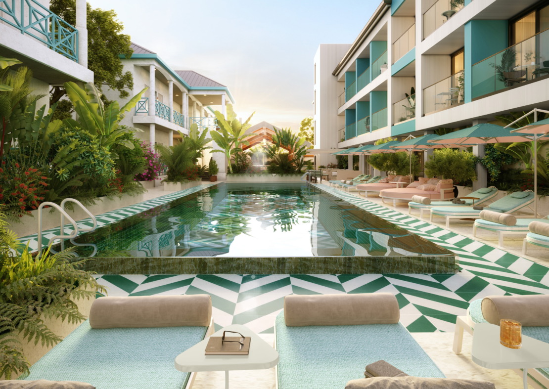 Hotel Indigo’s Boutique Courtyard Infinity Pool with Green Sunbeds